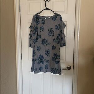 Floral Ruffle Sleeve Dress - Gray and Blue